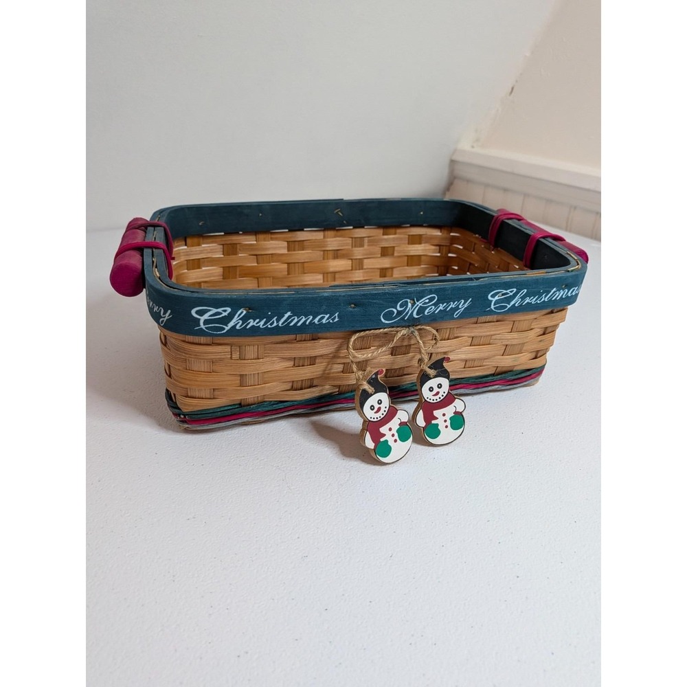 Vintage Merry Christmas Holiday Weaved Basket Snowman Tassel Red Handle